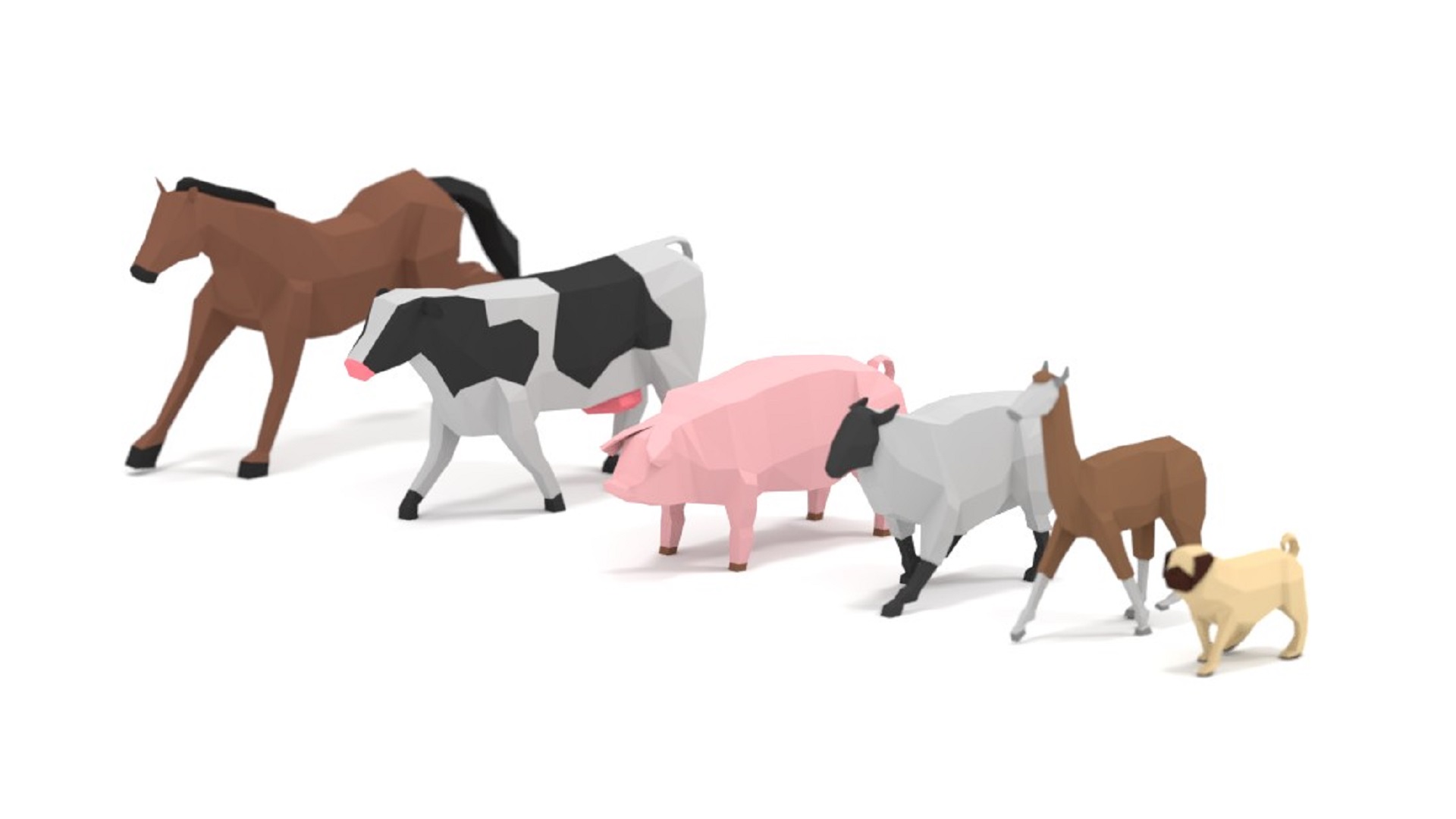 A cast of recognisable low-poly animated farm animals